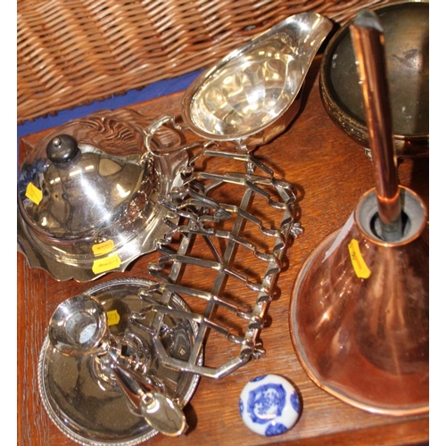 129 - A copper barrel funnel, a Benares brass vase and other metal work CHARITY/DISPOSE