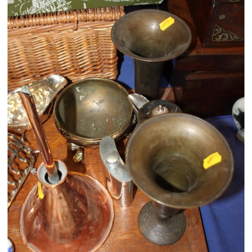 129 - A copper barrel funnel, a Benares brass vase and other metal work CHARITY/DISPOSE