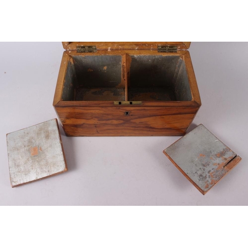 154 - A Chinese scroll with silver speckled design, in hardwood box, and a two-compartment olive wood tea ... 