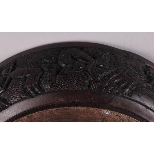 155 - A pair of turned wood African bowls, sides carved crouching figures, 13 1/2