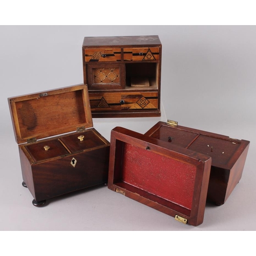 162 - A 19th century mahogany sarcophagus tea caddy, a similar plain rectangular tea caddy and a parquetry... 