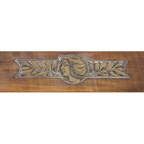 164 - An Art Nouveau stained wood writing slope with decorative strap hinges, 12