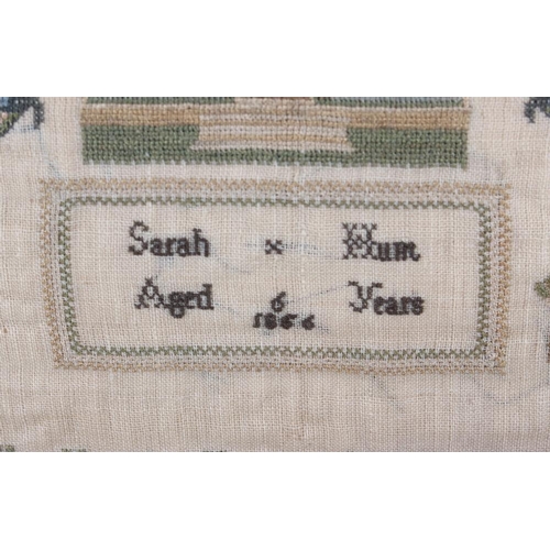 194 - A Victorian sampler, by Sarah Hunt aged 6 1856, with worked alphabet and number border, 12