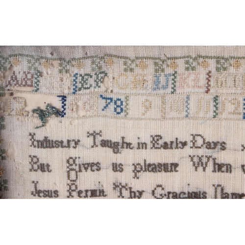 194 - A Victorian sampler, by Sarah Hunt aged 6 1856, with worked alphabet and number border, 12