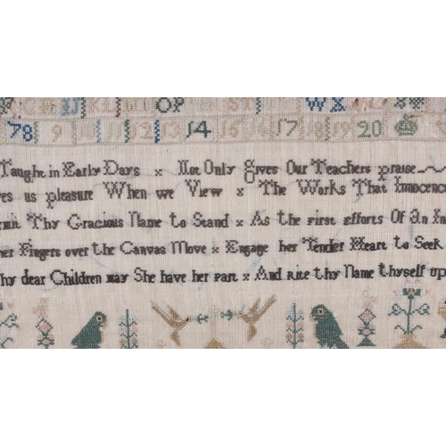 194 - A Victorian sampler, by Sarah Hunt aged 6 1856, with worked alphabet and number border, 12