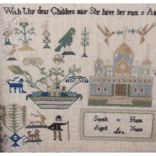 194 - A Victorian sampler, by Sarah Hunt aged 6 1856, with worked alphabet and number border, 12