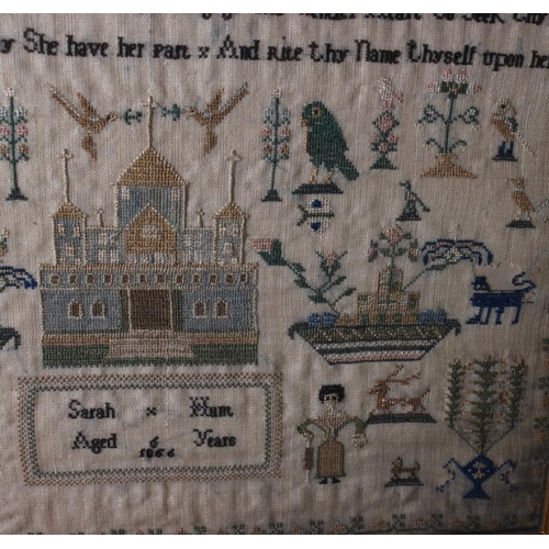 194 - A Victorian sampler, by Sarah Hunt aged 6 1856, with worked alphabet and number border, 12