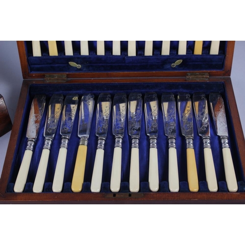 275 - An oak canteen of twelve fish knives and forks, and a mahogany box