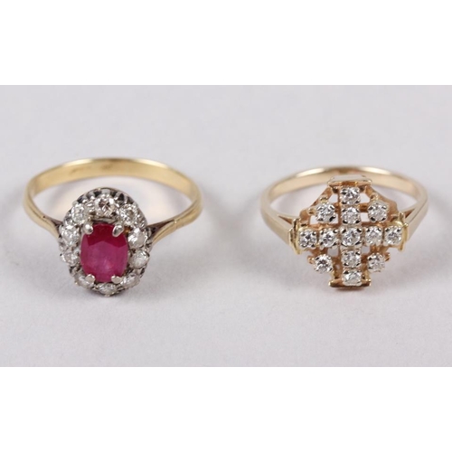 339 - A yellow metal, ruby and diamond cluster ring, 2.9g, size Q, and a yellow metal and diamond dress ri... 