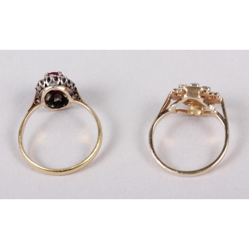 339 - A yellow metal, ruby and diamond cluster ring, 2.9g, size Q, and a yellow metal and diamond dress ri... 