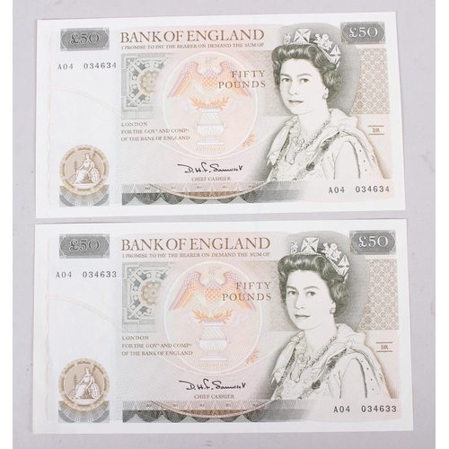 353 - Two Bank of England uncirculated £50 notes with Queen Elizabeth II to the front and Sir Christopher ... 