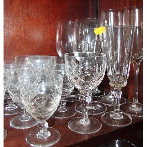 39 - Three Dartington wine glasses, a pair of brandy balloons, champagne flutes and other table glass