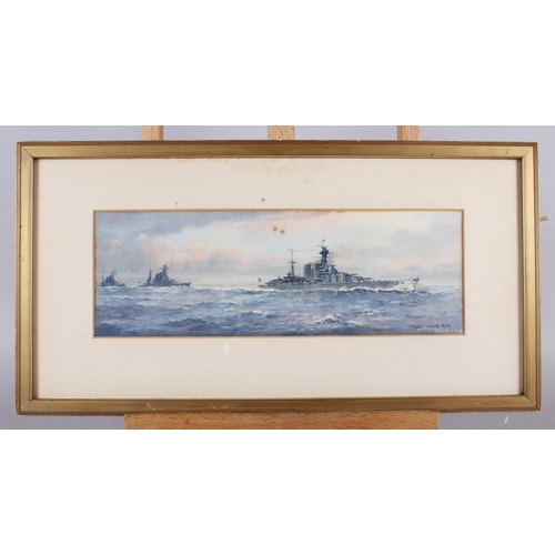 421 - Frank Wood, 1927: watercolours, HMS Hood and three other warships in line astern formation, 5