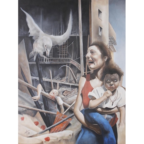 450 - 4 8: acrylics, study of a mother and two children in war-torn town, 17