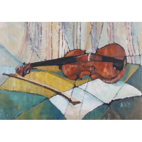 451 - A K D: bodycolours, study of a violin, 21