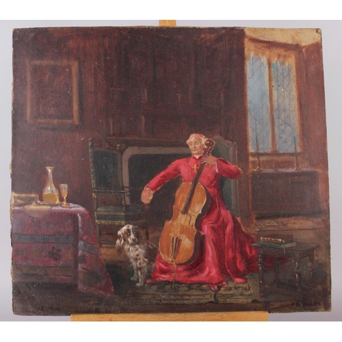 473 - Circle of Frank Moss Bennett: two early 20th century doubled sided oils, cardinals with other figure... 