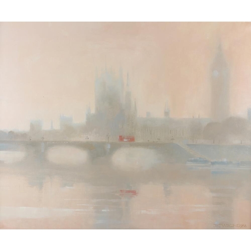 475 - Richard Ewen, 1986: oil on canvas, view of Westminster Bridge and the Houses of Parliament in fog, 2... 