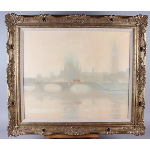 475 - Richard Ewen, 1986: oil on canvas, view of Westminster Bridge and the Houses of Parliament in fog, 2... 