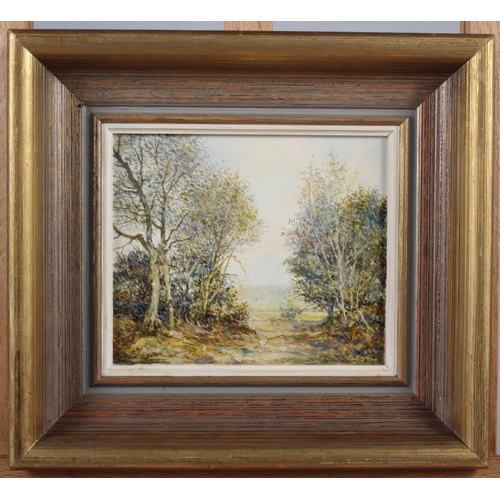 480 - Gerald Hughes, '79: oil on panel, a woodland clearing, 5