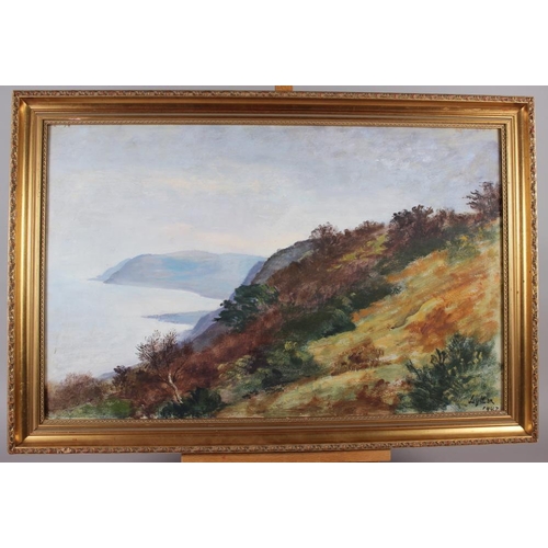 482 - Hon Neville Lytton: oil on board, coastal scene, 17 1/4