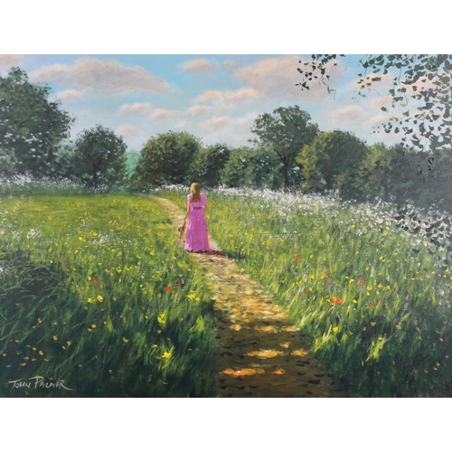 483 - John Palmer: oil on canvas, woman in a flower meadow, 17 1/4