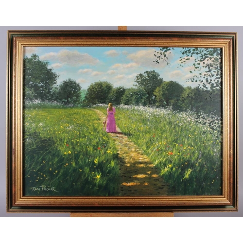 483 - John Palmer: oil on canvas, woman in a flower meadow, 17 1/4