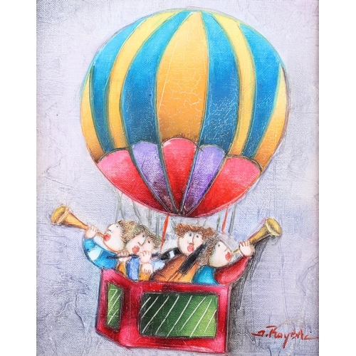 484 - Joyce Roybal: oil on canvas, musical band in hot air balloon, 9 1/2