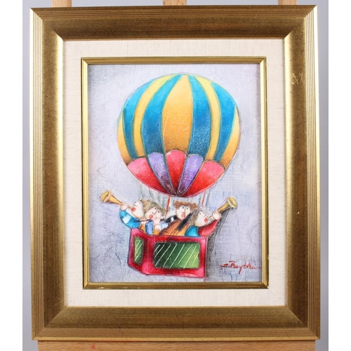 484 - Joyce Roybal: oil on canvas, musical band in hot air balloon, 9 1/2