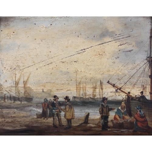 497 - An early 19th century oil on panel, fishing folk on a beach, 7