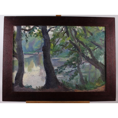 499 - Victor Templin: oil on board, landscape trees by a lake, 13