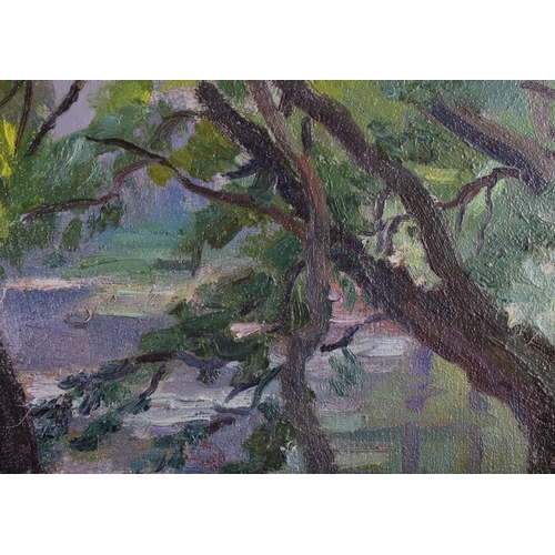 499 - Victor Templin: oil on board, landscape trees by a lake, 13