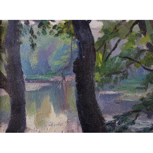 499 - Victor Templin: oil on board, landscape trees by a lake, 13