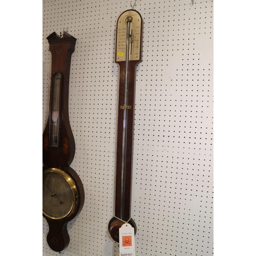 118 - An early 19th century stick barometer, in mahogany case with plain arched top, register plate engrav... 