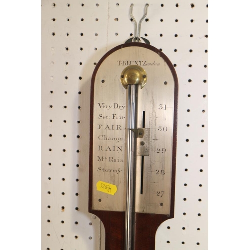 118 - An early 19th century stick barometer, in mahogany case with plain arched top, register plate engrav... 