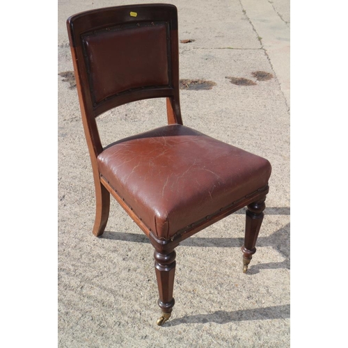 573 - A set of eight 19th century mahogany framed dining chairs with brown leather backs and seats, on tur... 