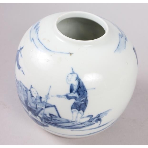 74 - A Chinese blue and white ginger jar, decorated figures on boats, 5