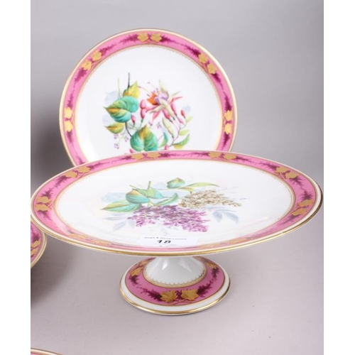 18 - A Continental porcelain dessert service with hand-painted floral decoration and pink and gilt border... 