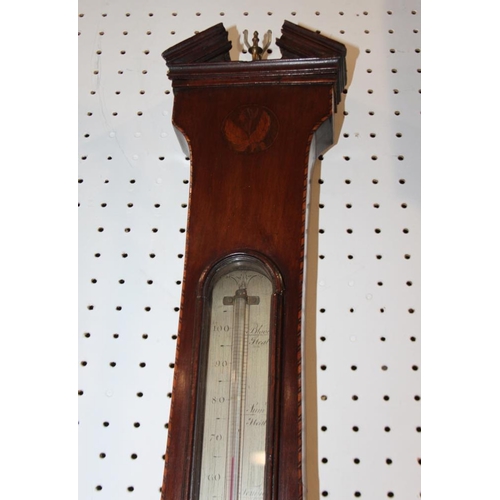 123 - A Georgian syphon tube barometer, in mahogany case inlaid shells, silvered dial inscribed 