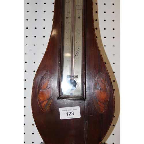 123 - A Georgian syphon tube barometer, in mahogany case inlaid shells, silvered dial inscribed 