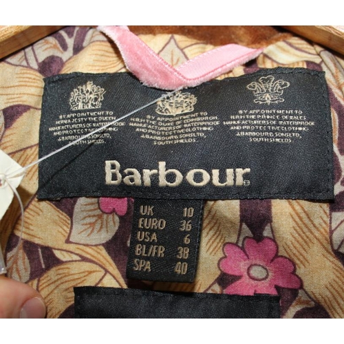 190 - A lady's Barbour waxed cotton jacket with limited edition William Morris fabric lining , size 10