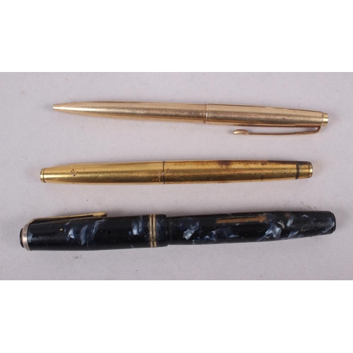 211 - A Parker rolled gold ball point pen, a Watermans gold plated fountain pen with nib marked 18ct, a Wy... 