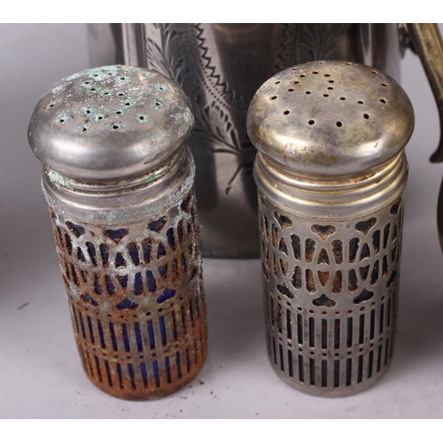 256 - A pair of silver plated shakers with blue glass liners, a water jug, a coffee pot, a tankard and a g... 