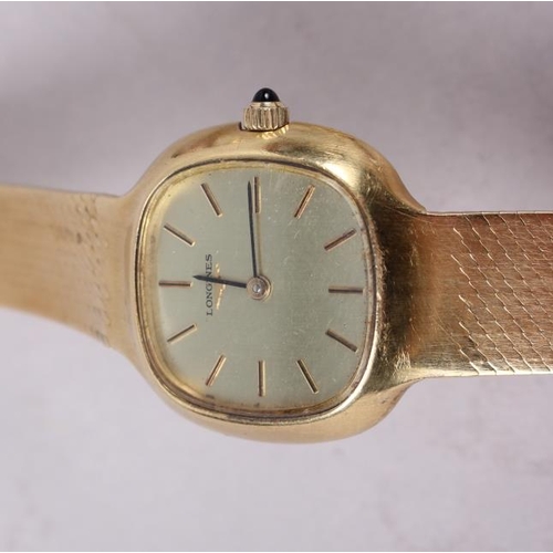 342 - A lady's Longines wristwatch, on flexible yellow metal bracelet, and two other wristwatches