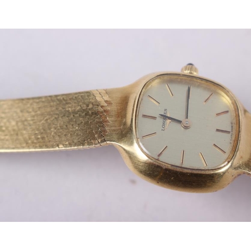 342 - A lady's Longines wristwatch, on flexible yellow metal bracelet, and two other wristwatches