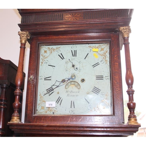 578 - A 19th century oak long case clock, painted dial inscribed 