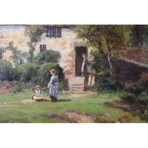 498 - C Wilde: an early 20th century oil, mother, children and ducks outside a cottage, 14