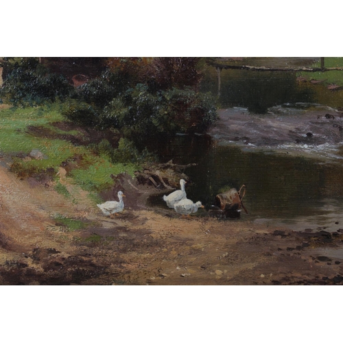 498 - C Wilde: an early 20th century oil, mother, children and ducks outside a cottage, 14