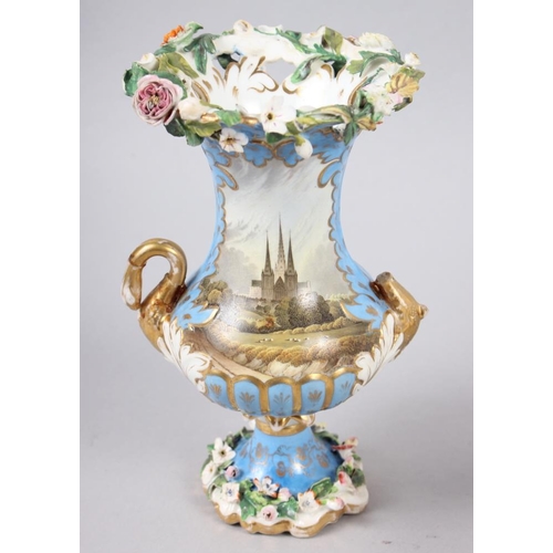 11 - A Rockingham pot pourri basket, a small Rockingham blue and gilt vase with gilt bird handles and han... 