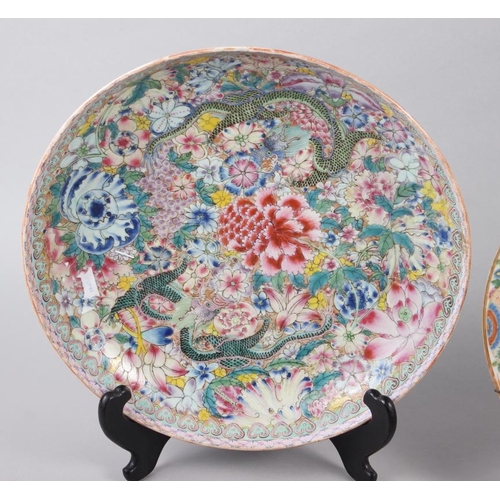 123 - A Chinese millefiori dish, decorated dragons with seal mark to base, 11