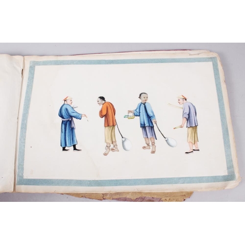 139 - An album of twelve 19th century Chinese watercolours on pith paper, figures and various methods of t... 